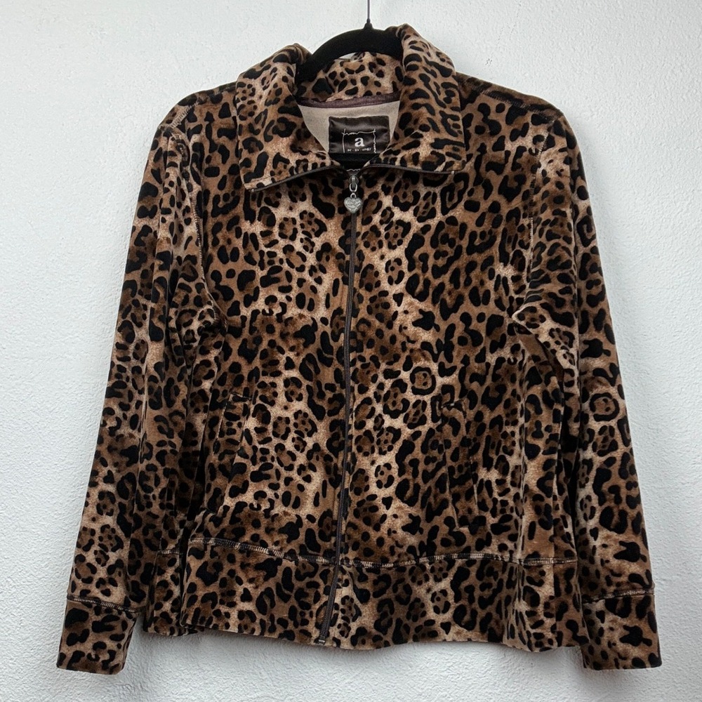 Activology Brown Leopard Zip Up Jacket - PXL- Velour Heart Pull Y2K Animal Print